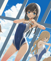 Rule 34 | 4girls, :o, ahoge, arashio (kancolle), asashio (kancolle), black hair, blue eyes, blue one-piece swimsuit, blue sky, blush, breasts, cloud, cloudy sky, competition school swimsuit, competition swimsuit, cowboy shot, day, goggles, hair between eyes, highres, indoors, kantai collection, kuronaga, light brown hair, long hair, medium breasts, michishio (kancolle), minegumo (kancolle), multiple girls, one-piece swimsuit, out of frame, red eyes, rei no pool, school swimsuit, sky, small breasts, swimsuit, thighs, two-tone swimsuit, unworn goggles, white one-piece swimsuit, window