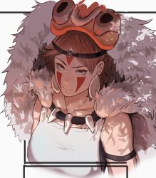 Rule 34 | 1girl, absurdres, arm belt, bare arms, brown hair, cloak, collarbone, earrings, facepaint, facial mark, forehead mark, fur cloak, headband, highres, jewelry, joy boy, looking at viewer, looking up, mask, mask on head, mononoke hime, necklace, san (mononoke hime), serious, shirt, short hair, tooth necklace, upper body, white background, white shirt