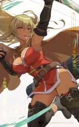 Rule 34 | 1girl, belt, black gloves, black thighhighs, blonde hair, bow (weapon), breasts, brown cape, cape, cleavage, commission, dark-skinned female, dark skin, dress, elbow gloves, female focus, fingerless gloves, fire emblem, fire emblem: the binding blade, gloves, highres, holding, holding bow (weapon), holding weapon, hsin, igrene (fire emblem), large breasts, long hair, matching hair/eyes, mole, mole under eye, nintendo, pixiv commission, red dress, smile, solo, tan, thighhighs, thighs, weapon, yellow eyes