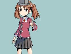 Rule 34 | 1girl, bad proportions, brown eyes, brown hair, green background, hair tie, japanese clothes, kantai collection, kariginu, magatama, pleated skirt, poorly drawn, ryuujou (kancolle), sixten, skirt, smile, solo, twintails, visor cap