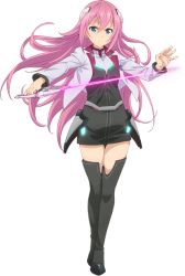 Rule 34 | 10s, 1girl, armor, belt, black footwear, black thighhighs, blazer, blue eyes, boots, breasts, dress, faulds, floating hair, full body, gakusen toshi asterisk, glowing, glowing sword, glowing weapon, hair between eyes, hair ornament, holding, holding weapon, jacket, julis-alexia von riessfeld, kawakami tetsuya, long hair, long sleeves, looking at viewer, neon trim, official art, open clothes, open jacket, outstretched arm, purple hair, serious, short dress, small breasts, solo, standing, sword, thigh boots, thighhighs, transparent background, turtleneck, very long hair, weapon, zettai ryouiki