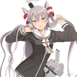 Rule 34 | &gt;:d, 1girl, :d, amatsukaze (kancolle), artist name, blush, brown eyes, cannon, commentary request, dress, grey hair, hair tubes, heart, heart in eye, highres, kantai collection, lifebuoy, long hair, long sleeves, neckerchief, o o, open mouth, rensouhou-kun, retorillo, ruffling hair, sailor collar, sailor dress, simple background, smile, smoke, smokestack, swim ring, symbol in eye, turret, two side up, upper body, v-shaped eyebrows, very long hair, white background