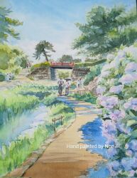 Rule 34 | 1boy, 1girl, 2others, blue sky, day, faceless, flower, highres, multiple others, nori02222, original, painting (medium), park, path, pond, purple flower, road, scenery, sky, traditional media, tree, water, watercolor (medium)