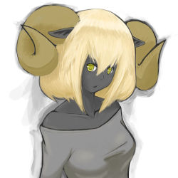 Rule 34 | 1girl, bare shoulders, black sheep, black skin, blonde hair, bob cut, breasts, colored skin, horns, kumo (kumo8159), large breasts, monster girl, off-shoulder, off-shoulder sweater, off shoulder, original, personification, pointy ears, sheep girl, shirt, solo, sweater, taut clothes, taut shirt, yellow eyes