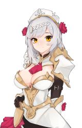 Rule 34 | 1girl, alternate eye color, armor, ascot, black gloves, braid, breasts, cleavage, closed mouth, cowboy shot, dress, elbow gloves, flower, genshin impact, gloves, hair flower, hair ornament, highres, inniyik, large breasts, long hair, looking at viewer, noelle (genshin impact), red ascot, red flower, red rose, rose, shoulder armor, silver hair, simple background, solo, strapless, strapless dress, vambraces, white background, white dress, white headwear, yellow eyes