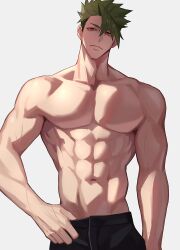Rule 34 | 1boy, abs, absurdres, achilles (fate), black pants, collarbone, fate/apocrypha, fate (series), grey hair, haruakira, highres, looking at viewer, male focus, muscular, muscular male, navel, no nipples, orange eyes, pants, pectorals, short hair, solo, thumb in beltline, topless male, undercut, upper body, v-taper, veins, veiny arms, white background