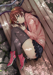 Rule 34 | 1girl, ass, bench, brown hair, cherry blossoms, frilled skirt, frills, from above, full body, green eyes, hair ribbon, high heels, hood, hoodie, looking at viewer, lying, microskirt, no panties, on side, original, outdoors, plantar flexion, ribbon, skirt, smile, solo, spring (season), thighhighs, two side up, yukiguni yuu