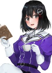 Rule 34 | 1girl, 73suke, absurdres, belt, black belt, black eyes, black hair, blush, book, cup, gloves, haguro (kancolle), hair between eyes, hair ornament, highres, holding, holding book, holding cup, jacket, kantai collection, long sleeves, looking at viewer, open mouth, pantyhose, purple jacket, short hair, simple background, smile, solo, white background, white gloves, white pantyhose