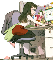 Rule 34 | 1girl, arm support, ass, beige sweater, black pantyhose, blazer, blunt ends, book, brown eyes, brown hair, cable, chair, commentary, commentary request, computer, corded phone, cubicle, cup, desk, disposable cup, drinking straw, english commentary, glasses, head rest, highres, indoors, jacket, unworn jacket, leaning forward, long hair, long sleeves, looking ahead, looking away, looking to the side, miniskirt, monitor, mouse (computer), mug, office chair, office lady, office lady taiwan, orange skirt, original, pantyhose, partition, pencil skirt, phone, pink footwear, plant, profile, ribbed sweater, sideways mouth, single slipper, sitting, skirt, slippers, solo, sticky note, stuffed animal, stuffed toy, succulent plant, sweater, sweater tucked in, swivel chair, tennohi, toe scrunch