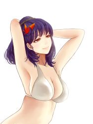 Rule 34 | 1girl, armpits, arms up, bad id, bad pixiv id, bikini, breasts, cleavage, hair ornament, highres, large breasts, leaf, purple hair, red eyes, short hair, simple background, smile, solo, swimsuit, touhou, white background, white bikini, x&amp;x&amp;x, yasaka kanako