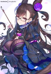 Rule 34 | 1girl, artist name, bespectacled, black-framed eyewear, black dress, breasts, brown hair, calligraphy brush, cone hair bun, covered erect nipples, dress, eyewear strap, fate/grand order, fate (series), fingernails, glasses, hair bun, hair ornament, hand on own chest, hands up, holding, holding paintbrush, hong (white spider), juliet sleeves, large breasts, long hair, long sleeves, murasaki shikibu (fate), nail polish, paintbrush, parted lips, petals, pink nails, puffy sleeves, purple background, red eyes, sidelocks, sleeves past wrists, smile, solo, two-tone background, two side up, very long hair, white background, wide sleeves
