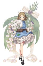 Rule 34 | 1girl, armband, belt pouch, black footwear, blue eyes, blue skirt, flower, frilled skirt, frills, full body, hand up, hat, highres, lily of the valley, looking at viewer, maria florence, medium hair, nurse cap, official art, parted bangs, pouch, princess principal, princess principal game of mission, shoes, skirt, solo, standing, test tube, transparent background, vial, white legwear