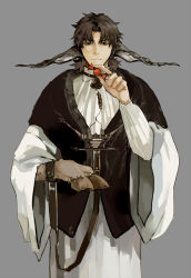 Rule 34 | 1boy, bell, belt, black eyes, brown hair, candy, collar, crimo, facing viewer, fate/stay night, fate (series), food, grey background, holding, hooves, horns, kotomine kirei, male focus, neck bell, simple background, solo, upper body