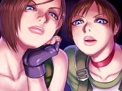 Rule 34 | 2girls, bare shoulders, blue eyes, brown hair, choker, closed mouth, earrings, expressionless, facing viewer, female focus, fingerless gloves, gloves, gradient background, head rest, jewelry, jill valentine, looking at viewer, multiple girls, open mouth, rebecca chambers, resident evil, sawao, short hair, simple background, stud earrings, teeth, upper body, upper teeth only