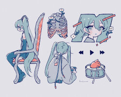 Rule 34 | 1girl, aqua eyes, aqua hair, black footwear, black sleeves, boots, cable, chair, cropped torso, detached sleeves, drum, drumsticks, expressionless, facing away, flower, from behind, from side, grey background, grey jacket, grey shirt, hair ornament, hasuimo, hatsune miku, heart (organ), instrument, jacket, long hair, looking at viewer, looking to the side, multiple views, number tattoo, parted lips, play button, rewind button, shirt, shoulder tattoo, simple background, sitting, skeleton, sleeveless, sleeveless shirt, snare drum, tattoo, thigh boots, twintails, very long hair, vocaloid, white flower