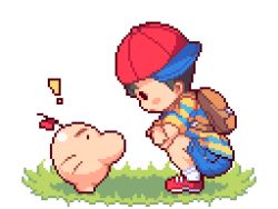 Rule 34 | !, 1boy, backpack, bag, baseball cap, doseisan, hat, ichi et, lowres, mother (game), mother 2, ness (mother 2), nintendo, pixel art, shirt, shoes, shorts, solid circle eyes, squatting, striped clothes, striped shirt