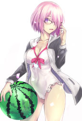 Rule 34 | 1girl, adapted costume, ball, beachball, bkko, breasts, cameltoe, cleavage, cowboy shot, fate/grand order, fate (series), food, fruit, glasses, hair over one eye, highres, jacket, looking at viewer, mash kyrielight, mash kyrielight (swimsuit of perpetual summer), medium breasts, multicolored clothes, multicolored jacket, official alternate costume, one-piece swimsuit, open clothes, open jacket, purple eyes, purple hair, short hair, simple background, solo, swimsuit, watermelon, white background, white one-piece swimsuit