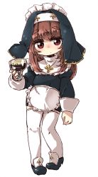 Rule 34 | 1girl, apron, blush, brown hair, croixsan, cup, drinking glass, female focus, fleur-de-lis, full body, habit, maid apron, maid headdress, red eyes, simple background, solo, thighhighs, white background, white thighhighs, wine glass