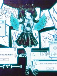 Rule 34 | 1girl, absurdres, ame-chan (needy girl overdose), angel wings, arms behind back, bloom, chinese text, collared shirt, danmaku comments, dot mouth, error message, expressionless, full body, hair ornament, hair over one eye, highres, jirai kei, kaomoji, long hair, looking at viewer, monochrome, neck ribbon, needy girl overdose, ribbon, shirt, shirt tucked in, simplified chinese text, sketch, skirt, solo, standing, suspender skirt, suspenders, twintails, window (computing), wings, x hair ornament, yamuiro