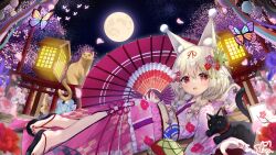 Rule 34 | 1girl, :d, animal, animal ear fluff, animal ears, black cat, black footwear, blush, braid, bug, butterfly, cat, commentary request, floral print, folding fan, frilled sleeves, frills, full moon, grey hair, hair between eyes, hair over shoulder, hand fan, highres, holding, holding fan, insect, japanese clothes, kimono, lantern, long hair, long sleeves, low twintails, moon, nail polish, night, night sky, oil-paper umbrella, open mouth, original, outdoors, print kimono, purple kimono, purple umbrella, red eyes, red nails, sandals, siera (sieracitrus), sky, sleeves past wrists, smile, solo, star-shaped pupils, star (symbol), symbol-shaped pupils, toenail polish, toenails, twin braids, twintails, umbrella, wide sleeves, wooden lantern, zouri