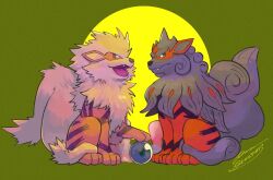 Rule 34 | arcanine, bright pupils, brown eyes, closed mouth, commentary request, creatures (company), fangs, game freak, gen 1 pokemon, hisuian arcanine, nintendo, no humans, open mouth, orb, pokemon, pokemon (creature), sagemaru-br, signature, sitting, tongue, white pupils