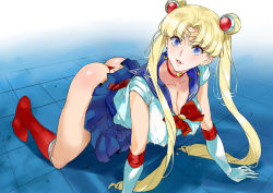 Rule 34 | 1girl, all fours, ass, azukiko, bad id, bad twitter id, bishoujo senshi sailor moon, blonde hair, blue eyes, blue sailor collar, blue skirt, boots, breasts, choker, cleavage, collarbone, crescent, crescent earrings, derivative work, diadem, double bun, earrings, full body, gloves, heart, heart choker, jewelry, large breasts, meme, panties, red choker, red footwear, red panties, sailor collar, sailor moon, sailor moon redraw challenge (meme), sailor senshi, sailor senshi uniform, screenshot redraw, skirt, solo, thong, tsukino usagi, twintails, underwear, white gloves