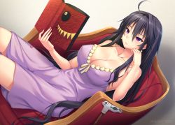 Rule 34 | 1girl, ahoge, bare shoulders, black hair, book, breasts, cane, cleavage, commentary request, dronia (majo no ryodan), dronya, dutch angle, female focus, hair between eyes, head rest, holding, holding book, large breasts, long hair, miyai sen, nightgown, purple eyes, purple nightgown, reading, refrain no chika meikyuu to majo no ryodan, sitting, solo, solo focus, very long hair, youro rekitei