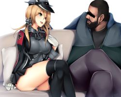 Rule 34 | 10s, 1boy, 1girl, anchor hair ornament, bar censor, beard, black ribbon, black skirt, black thighhighs, blonde hair, breasts, censored, cross, crossed legs, dj khaled, facial hair, gloves, hair ornament, hat, iron cross, jacket, kantai collection, large breasts, long sleeves, low twintails, microskirt, military, military hat, military uniform, panties, pantyshot, peaked cap, pillow, pleated skirt, prinz eugen (kancolle), real life, real life insert, ribbon, sitting, skirt, smile, thighhighs, tony guisado, twintails, underwear, uniform, white gloves
