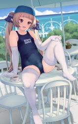 Rule 34 | 1boy, blonde hair, bulge, crossdressing, elbow gloves, gloves, highres, long hair, male focus, nishiyama maruta, open mouth, pointy ears, princess connect!, purple eyes, solo, spread legs, swimsuit, thighhighs, trap, yuki (princess connect!)