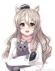Rule 34 | 1girl, 1other, :3, animal ears, black gloves, brown eyes, cat, cat ears, coat, commentary request, gloves, grey cat, grey hair, hat, highres, kantai collection, karuna (madlax), mini hat, one-hour drawing challenge, pink scarf, pola (kancolle), scarf, simple background, smile, thick eyebrows, upper body, wavy hair, white background, white coat, white headwear