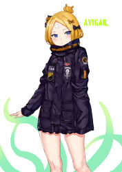 Rule 34 | 1girl, :&lt;, abigail williams (fate), abigail williams (traveling outfit) (fate), absurdres, black bow, black jacket, blonde hair, blue eyes, bow, character name, closed mouth, commentary request, crossed bandaids, fate/grand order, fate (series), hair bow, hair bun, head tilt, heroic spirit traveling outfit, highres, jacket, key, long hair, long sleeves, looking at viewer, official alternate costume, orange bow, parted bangs, polka dot, polka dot bow, single hair bun, sleeves past fingers, sleeves past wrists, solo, standing, star (symbol), teruru (pixiv 6148103), white background