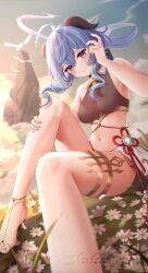 Rule 34 | 1girl, adapted costume, ahoge, alternate costume, artist name, bare shoulders, bell, blue hair, blush, bow, breasts, cloud, flower, ganyu (genshin impact), genshin impact, highres, horns, knee up, long hair, looking at viewer, low ponytail, medium breasts, mountain, navel, neck bell, paid reward available, purple eyes, sailorleyla, sidelocks, smile, solo, tassel, thighlet, thighs, vision (genshin impact), white flower