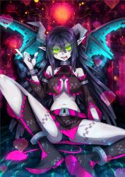 Rule 34 | 1girl, bare legs, belt, blue hair, boots, breasts, cleavage, cleavage cutout, clothing cutout, collar, demon girl, detached sleeves, green eyes, heart, highres, horns, lock, looking at viewer, midriff, navel, no bra, original, pale skin, panties, pointy ears, samael (5211), shorts, smile, demon girl, tongue, tongue out, underwear, wings