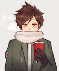 Rule 34 | 1girl, alternate eye color, bjmaki, black gloves, blush, breath, brown hair, coat, cold, covered mouth, cup, ear piercing, eyebrows, gloves, green coat, grey background, highres, holding, holding cup, open clothes, open coat, overwatch, overwatch 1, piercing, scarf, scarf over mouth, short hair, simple background, solo, spiked hair, sweater, tracer (overwatch), union jack, white sweater, yellow eyes