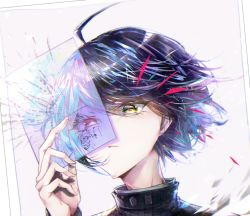 Rule 34 | 1boy, ahoge, black hair, black jacket, commentary request, danganronpa (series), danganronpa v3: killing harmony, goto (sep), grey background, hand up, holding, jacket, looking at viewer, parted lips, portrait, saihara shuichi, short hair, simple background, solo, striped clothes, striped jacket, teeth
