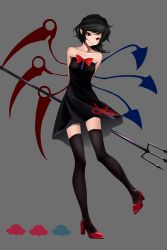 Rule 34 | 1girl, absurdres, arms behind back, asymmetrical wings, black dress, black hair, black thighhighs, bow, bowtie, dress, full body, grey background, high heels, highres, holding, holding weapon, houjuu nue, inoshin (inixia1748), looking at viewer, polearm, pumps, red bow, red eyes, red footwear, short dress, short hair, simple background, sleeveless, sleeveless dress, solo, standing, standing on one leg, strapless, strapless dress, swept bangs, thighhighs, touhou, trident, weapon, wings, zettai ryouiki