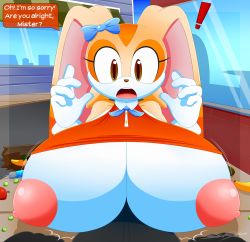 Rule 34 | 1boy, 1girl, bow, breasts, clothes lift, cream the rabbit, english text, food, fruit, furry, gloves, highres, huge breasts, large areolae, long eyelashes, oppai loli, outdoors, pov, puffy nipples, sega, shirt lift, slickehedge, sonic (series)