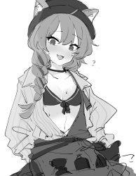 Rule 34 | 1girl, ?, arknights, beanstalk (arknights), blush, bottle, braid, breasts, collarbone, commentary request, ears through headwear, fang, front-tie bra, greyscale, hair between eyes, hat, highres, korean commentary, long hair, long sleeves, looking at viewer, monochrome, multicolored hair, navel, open clothes, open mouth, open shirt, retri, side braid, simple background, single braid, sitting, sketch, small breasts, solo, spray bottle, streaked hair, sweatdrop, tool belt, white background