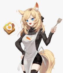 Rule 34 | 1girl, :d, animal ear fluff, animal ears, apron, arknights, bacon, black ribbon, black sweater, black thighhighs, blonde hair, blue eyes, bread slice, breasts, commentary, cowboy shot, egg (food), food, grey background, hair ribbon, hand on own hip, hand up, highres, holding, long hair, long sleeves, looking at viewer, medium breasts, open mouth, ribbon, simple background, smile, solo, spacelongcat, standing, sunny side up egg, sweater, tail, thighhighs, toast, turtleneck, turtleneck sweater, whislash (arknights), white apron