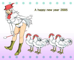 Rule 34 | 00s, 1girl, 2005, baton, bird, chicken, chicken costume, chinese zodiac, grey eyes, hat, lipstick, makeup, mole, new year, original, rooster, side (sideblog), solo, what, white hair, year of the rooster
