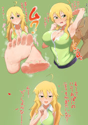 Rule 34 | 1boy, 1girl, absurdres, ahoge, arm up, armpits, barefoot, blonde hair, blush, breasts, cleavage, daba (wandaba), faceless, faceless male, feet, foot focus, green background, green eyes, highres, hoshii miki, idolmaster, idolmaster (classic), long hair, looking at viewer, open mouth, smell, smelling armpit, soles, steam, steaming body, sweat, toes, translated