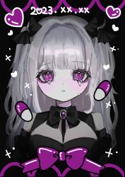 Rule 34 | 1girl, 2023, @ @, bare shoulders, black bow, black bowtie, black horns, bow, bowtie, breasts, brooch, cleavage, closed mouth, crying, crying with eyes open, grey hair, heart, highres, horns, jewelry, long hair, looking at viewer, medium breasts, original, pill, purple bow, purple eyes, shiona (siona0625), solo, sparkle, straight-on, tears, two side up, upper body, wing hair ornament