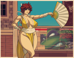 Rule 34 | april o&#039;neil, breasts, cityscape, cosplay, donatello (tmnt), exmile, fatal fury, hand fan, headband, logo, looking at viewer, paper fan, poster (object), shiranui mai, shiranui mai (cosplay), teenage mutant ninja turtles, the king of fighters, tmnt: tournament fighters