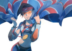 1girl absurdres bare_shoulders brown_eyes brown_hair chest_harness cowboy_shot crop_top flag goggles groin harness headband highres medal midriff navel official_alternate_costume open_mouth overwatch overwatch_1 short_hair shorts simple_background smile solo spiked_hair stomach strap tracer_(overwatch) track_and_field_tracer union_jack vambraces white_background