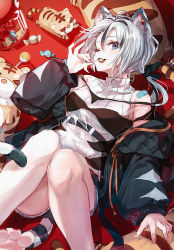 Rule 34 | 1girl, ahoge, animal ear fluff, animal ears, black hair, black jacket, black ribbon, black shorts, blue eyes, breasts, candy, candy wrapper, chinese zodiac, commentary request, ear piercing, feet out of frame, food, grey hair, hair ribbon, highres, holding, holding candy, holding food, holding lollipop, jacket, knees up, lollipop, long hair, long sleeves, low ponytail, lying, makihitsuji, medium breasts, multicolored hair, nail polish, off shoulder, on back, open clothes, open jacket, open mouth, original, piercing, puffy long sleeves, puffy sleeves, red nails, ribbed sweater, ribbon, short shorts, shorts, sleeveless, sleeveless turtleneck, solo, streaked hair, sweater, tail, tiger ears, tiger girl, tiger tail, toenail polish, toenails, turtleneck, turtleneck sweater, white sweater, year of the tiger