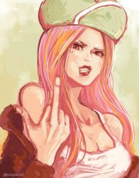 Rule 34 | 1girl, anti-eyebrow piercing, artist name, bare shoulders, brown eyes, clenched teeth, commentary, english commentary, green hat, hat, highres, jewelry bonney, lips, lipstick, long hair, looking at viewer, makeup, middle finger, one piece, pink hair, red lips, solo, teeth, torapunch, twitter username