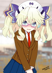 Rule 34 | 10s, 1girl, 2016, absurdres, alternate costume, bad id, bad pixiv id, blonde hair, blue eyes, character name, dated, female focus, glasses, hair ornament, hat, highres, histoire, kisaragi (kisaragi0930), long hair, looking at viewer, neptune (series), open mouth, solo, twintails