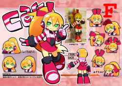 Rule 34 | 1girl, blonde hair, boots, call (mighty no. 9), call f, colorized, concept art, expressions, green eyes, headphones, knee boots, long hair, mighty no. 9, natsume yuji, natsume yuuji, official art, ponytail, robot, skirt, solo