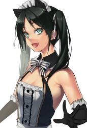 Rule 34 | 1girl, alternate costume, animal ears, asashin (kazami-tomo), black gloves, bow, bowtie, breasts, cat ears, cleavage, elbow gloves, enmaided, fang, francesca lucchini, gloves, green eyes, green hair, highres, long hair, looking at viewer, maid, maid headdress, open mouth, simple background, small breasts, smile, solo, strike witches, striped bow, striped bowtie, striped clothes, twintails, white background, world witches series
