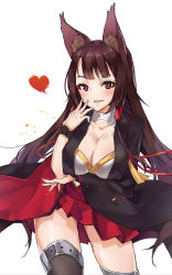 Rule 34 | 1girl, akagi (azur lane), animal ears, azur lane, bent over, black thighhighs, blush, bracelet, breast hold, breasts, bright pupils, brown hair, cleavage, cleavage cutout, clothing cutout, contrapposto, cowboy shot, dre, eyeliner, fang, fox ears, heart, highres, jewelry, large breasts, long hair, looking at viewer, makeup, open mouth, panties, pleated skirt, red eyes, ribbon trim, simple background, skirt, smile, solo, standing, thighhighs, underwear, white background, white panties, wide sleeves